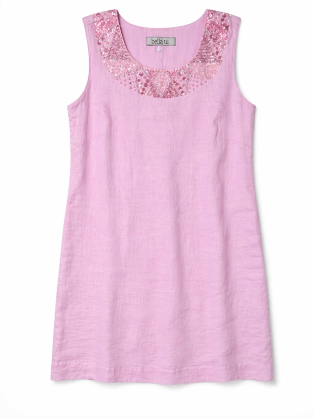 Bella Tu Pink Linen Sleeveless Sequin Neck Shift Dress